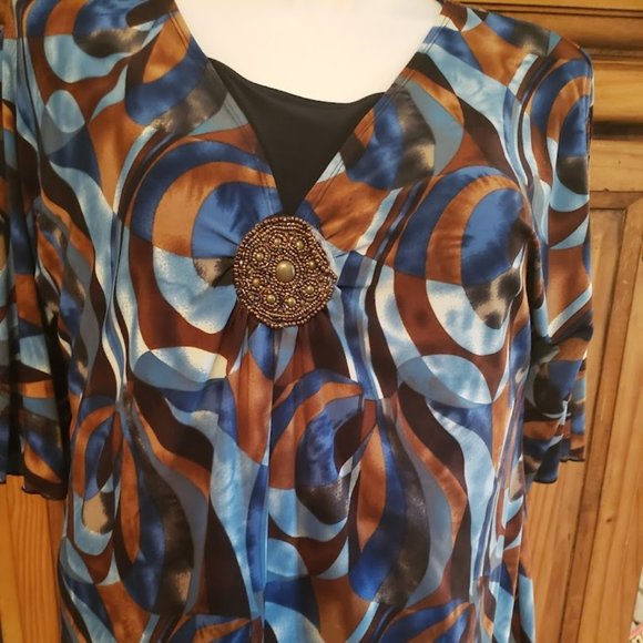 Susan Lawrence Tunic Top 1x brown teal bronze black slinky spandex - Picture 1 of 8